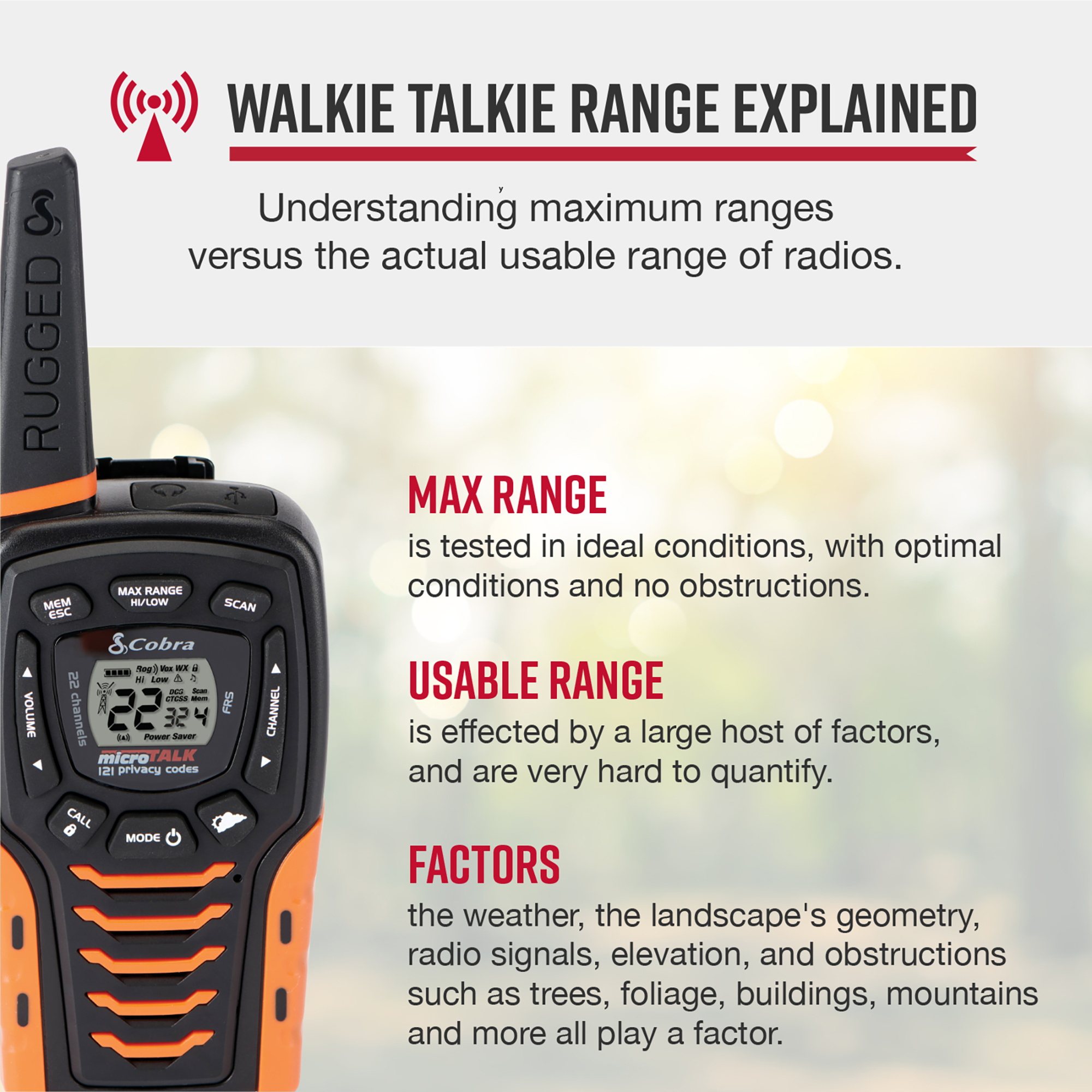 Cobra, 35-Mile Range Two-Way Radio, 2 Pack, Range 35 mile, Channel (qty.) 22 Model# ACXT645